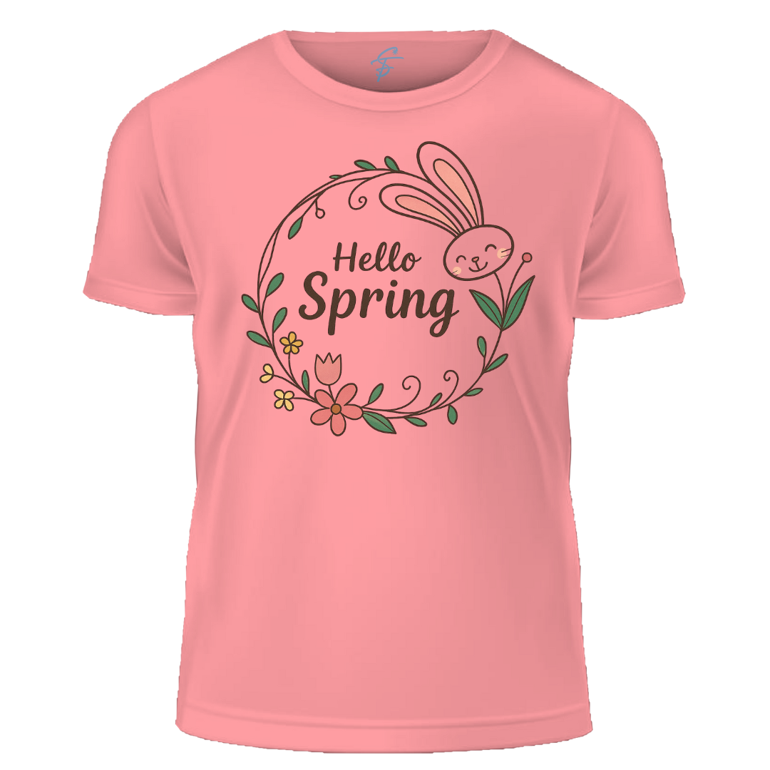 Hello Spring T-Shirt, Women's Casual Short Sleeve, 100% Cotton, Floral Bunny Design